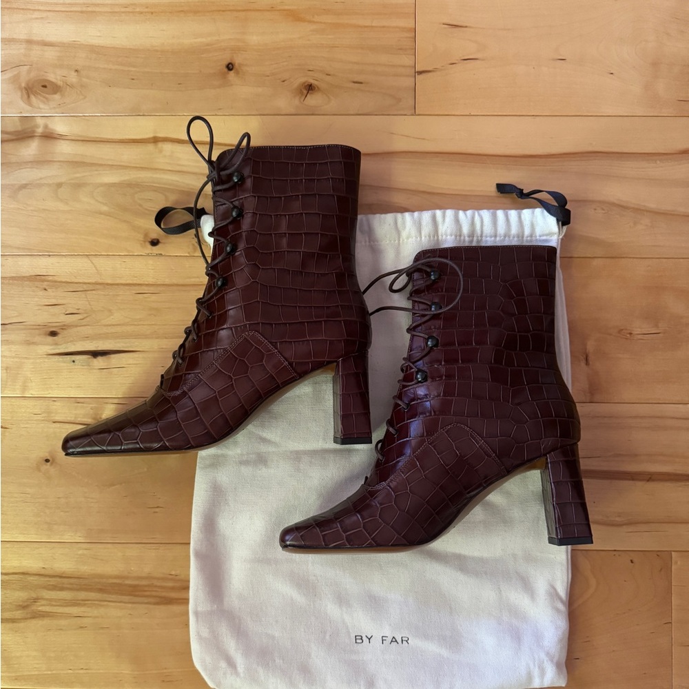 By Far Claude Lace-up Croc Leather Brown Boots